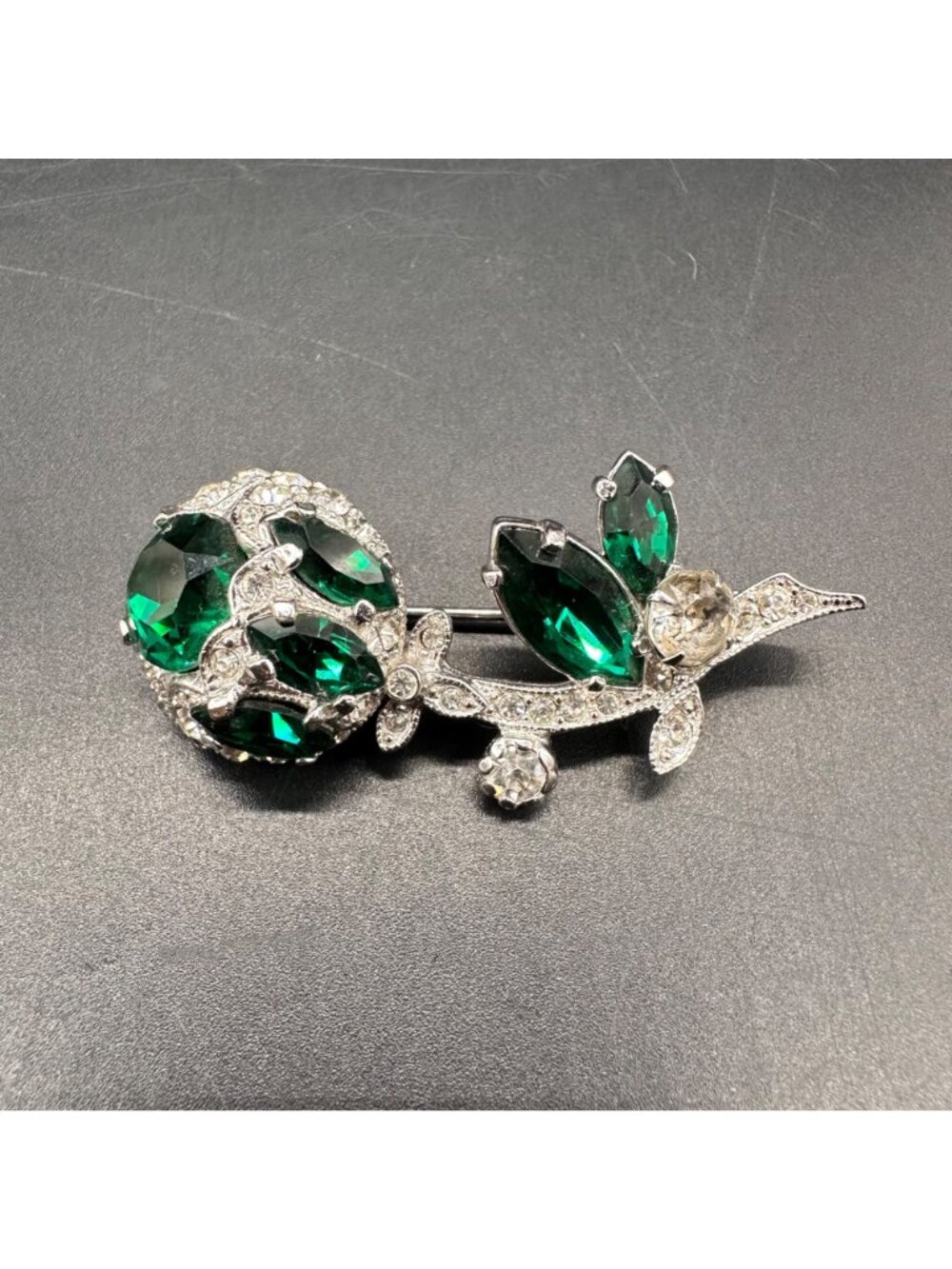Vintage Eisenberg Ice Floral Brooch Pin Green Clear Rhinestone Silver Tone Retro - Picture 3 of 12